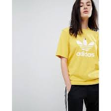 Adidas Originals Adicolor Trefoil Oversized T-shirt In Yellow 32 Liked On Polyvore Featuring Tops T-shir Adidas Outfit Women Adidas Outfit Yellow T Shirt