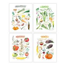 4 Seasons Wall Art Set Of 4 Prints Vegetable Poster Set Etsy Vegetable Prints Kitchen Art Seasons Art