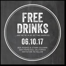 Free Drinks Save The Date Coasters In Charcoal Or Walnut Magnolia Press Funny Wedding Invitations Wedding Saving Save The Date