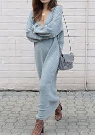 Grey Draped V Neck Long Sleeve Fashion Sweater Maxi Dress Grey Dresses Casual Long Knitted Dress Ankle Length Dress Casual