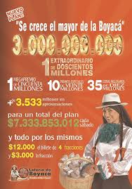 La lotería de boyacá juega todos los sábado a las 10 y 30 de la noche, entrega un premio mayor de 6.000 millones de pesos, esta es una de las loteria de boyaca últimos sorteos. Este Sabado 14 De Diciembre Se Crece El Plan De Premios De La Loteria De Boyaca Gobernacion De Boyaca