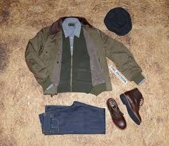 1945 B15 Flight Jacket Olive 1943 C2 Sweater Olive Drab 1952 Rider Shirt Chambray Grey 1958 Roamer Pant 15 Oz