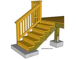 Decks more than 30 inches off grade require a guardrail at least 36 inches high, built so that a 4 inch object cannot pass through. Stair Railing