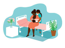 mujer afroamericana amamantando a su bebé recién nacido. la enfermera la  ayuda a sujetar al bebé al pecho. apoyo a la lactancia, información sobre  el posparto. 5516249 Vector en Vecteezy