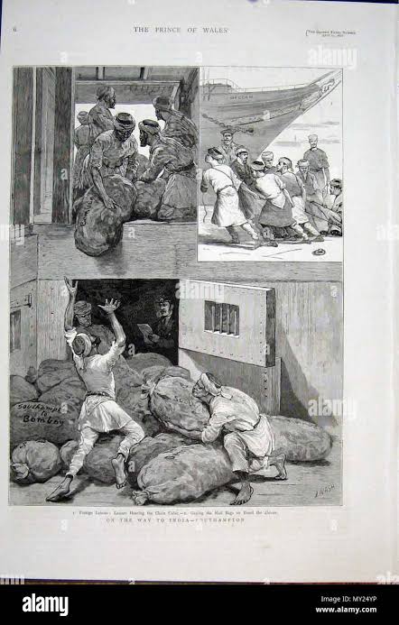 English: Views from the ILLUSTRATED LONDON NEWS and The Graphic (some with later hand coloring, all from ebay auctions): 'On the Way to India: Southhampton'*, 1876 Print 1875 Ship Mail Bags