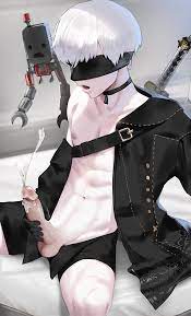 1boy balls blindfold clothing cum cumshot ejaculation erect penis  erection femboy light-skinned male light skin male male focus male only  masturbation nier nier: automata penis pod (nier) seijitaro short