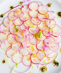 Alain Passard On Instagram Carpaccio De Radis Huile D Olive Poivree Carotte Oignon Fleurs De Geranium Et Sel Spring Radis Food Design Vegetables Food