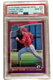Pwcc manages the largest trading card auction venue in the world, comprising 12 annual auction events that run every month of the year, and we are always accept Shohei Ohtani 2018 Panini Donruss Optic Pink Rookie Card 59 Psa 10