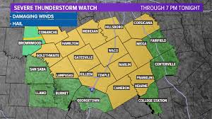 The severe thunderstorm watch area is approximately along and 40 statute miles north and south of a line from 40 miles north northwest of mineral wells tx to 75 miles east southeast of sherman tx. Severe Thunderstorm Watch Issued For Many Counties Until 7 P M Central Texas Forecast Kcentv Com