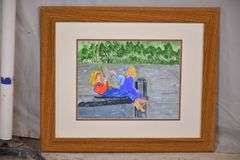Small framed watercolor of boy and girl fishing by Mac Gibbons; 495-230