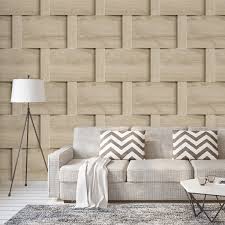 All white kitchen with white moldings and cabinetry, wood top island, wide plank wood flooring, brass hardware. Harrow Weave Wood Panel Wallpaper Beige Debona 6738