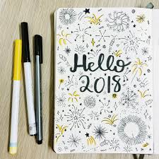 Yellow Hello 2018 New Year Bullet Journal Page With Firework Doodles Supertips Staedtler Fi Bullet Journal Font Bullet Journal Inspiration Bullet Journal