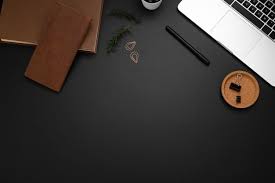 Flat Lay Of Desktop With Laptop And Copy Space Wooden Wallpaper Blue Desk Black Table