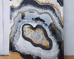 Original Black And Blue White And Gold Original Resin Art Geode Done In White Black And Gold Resin Art Pour Painting Etsy Diy