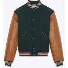 Saint Laurent Varsity Jacket In Bottle Green Virgin Wool With Sleeves 4 075 Liked On Polyvore Green Leather Jackets Varsity Jacket Green Varsity Jacket