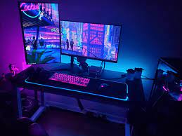 Pink Blue Cyberpunk Aesthetic Desk Lighting In 2021 Gaming Room Setup Best Gaming Setup Gaming Setup