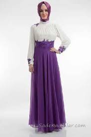 Tesettur Abiye Elbise Modelleri Mor Uzun Ust Kismi Beyaz Beli Kollari Gupurlu Islami Moda The Dress Elbise Modelleri