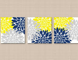 Yellow Navy Blue Gray Floral Wall Art Flowers Burst Bedroom Etsy In 2021 Yellow Wall Decor Yellow Wall Art Floral Wall Art