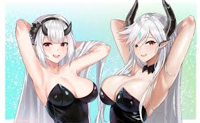 twomoon, luna (epic seven), yufine (epic seven), epic seven, absurdres,  commentary, highres, 2girls, :d, alternate costume, armpits, arms behind  head, arms up, black bow, black bowtie, black hairband, black leotard, blue  background,