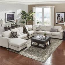 Mercury Row Blackston 8 Seat Nailhead Trimmed Linen U Shaped Reversible Chaise Sectional Living Room Layout Modern Farmhouse Living Room Farm House Living Room