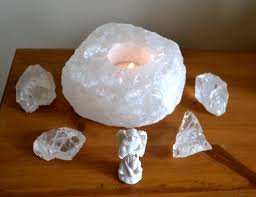 The edging of this candle holder is left natural to show off the natural beauty of the fluorite stone. Clear Snow Quartz Tealight Candle Holder Mystic Wish