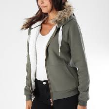 Gilet uni, gilet fantaisie / veste femme : Kaporal Sweat Zippe Capuche Fourrure Femme Tomy Vert Kaki Laboutiqueofficielle Com