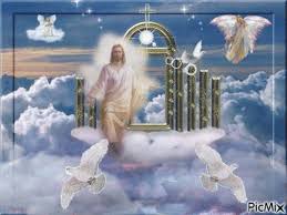 JESUS AT THE GATES WHITE AND BLUE CLOUDS ALL AROUND DOVES FLYING ...