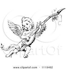 Black And White Angel Cartoon Clipart Of A Retro Vintage Black And White Cherub Playing An Instrument Royalty Free Vector Illustr Free Vector Illustration Free Clip Art Angel Illustration