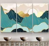 Abstract gold mountain landscape illustration luxurious teal green and gold  mountain wall art canvas print