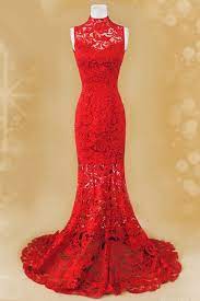 Romantic Mermaid Red Lace Chinese Wedding Dress Red Lace Prom Dress Lace Evening Dresses Red Prom Dress