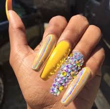 Yellow Chrome Coffin Nails With Diamonds On One Finger Nail Diamond Nails Beautiful Nails Long Acrylic Nails Are gel and acrylic nails safe? one finger nail diamond nails
