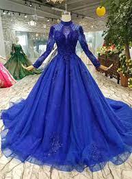Royal Blue Tulle High Neck Long Sleeve Backless Wedding Dress With Beading Gowns Long Sleeve Wedding Dress Backless Backless Prom Dresses