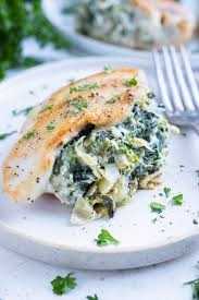 If you're like me, you add some shredded chicken or ground pork…but a vegetarian dinner is always good once in a while! Spinach Artichoke Stuffed Chicken Keto Low Carb Evolving Table