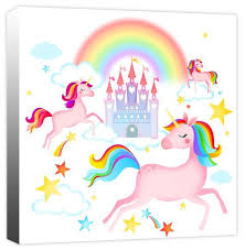 Enchanted Unicorns Rainbow Fairy Tale Castle Stars Etsy Rainbow Fairies Girls Wall Art Canvas Art Prints