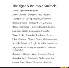 Your spirit animal offers you its characteristics, its strengths but also its weaknesses. The Signs Their Spirit Animals Zodiac Signs On Lnstagram Aries Cheetah Energetic Fast Focused Taurus