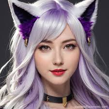 silver white hair and red eyes with silver highlights she has deep purple  lips Prompts