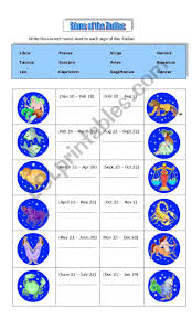 The year is divided into twelve sections, spans of time, and in each span of time is a predominant sign. Zodiac Signs Esl Worksheet By Zhlebor