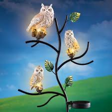Owl Family On Tree Garden Stake With Solar Lights Collections Etc