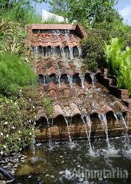 Rough Water Theme From The Old Roof Tiles The Use Of Recycled Materials In A Special Blade An Impressive Result Www Kotipuutarha Fi Brunnen Hinterhof Aussenbrunnen Dachplatten
