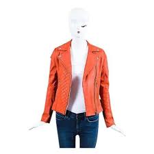Pre Owned Maje Deep Orange Leather Quilted Moto Ls Jacket Sz 38 Orange Leather Jacket Jackets Fitted Blazer Jacket