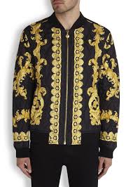 Black And Gold Jacket Mens Versace Black And Gold Print Satin Bomber Jacket Satin Bomber Jacket Printed Satin Black
