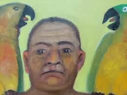 Trash Talk, seated shirtless male figure parrots & cat yellow & warm green  color