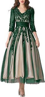 New Yirenwansha Women S Party Dress Manual Appliqued Long Sleeves Empire Waist Tea Length Work Gow Evening Dresses Prom Dresses With Sleeves Tea Length Dresses