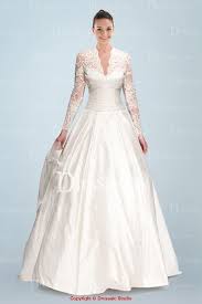 Modest Queen Anne Neckline A Line Wedding Dress With Ruched Waistline And Illusion Long Sl Ankle Length Wedding Dress Wedding Dresses Lace A Line Wedding Dress