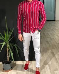 Black And White Striped Shirt With Jeans Men Red Slim Fit Striped Shirt White Skinny Jeans And Red Kilt Espadrille Loafer Fashion Suits For Men Striped Shirt Men Super Skinny Jeans Men