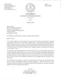 0 /876,/ COLORADO HOUSE OF REPRESENTATIVES October 5, 2016 Monica Jackson  Office of the Executive Secretary Docket No. CFPB-2016