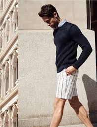 Black And White Striped Shorts Outfit Men Men S Navy Crew Neck Sweater Light Blue Long Sleeve Shirt White Vertical Striped Shorts Blue Long Sleeve Shirt Crew Neck Sweater Sweater And Shorts