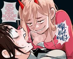 2girls assertive assertive female blush breasts chainsaw man  english text girl on top heavy breathing higashiyama kobeni knife lebanon  naughty face power (chainsaw man) snegovski sweat text bubble yuri 