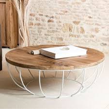 table basse ronde 100cm teck recycle et metal blanc style contemporain industriel swing couchtisch wohnzimmertische rustikale couchtische