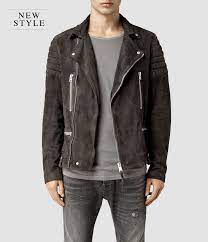Mens Circuit Suede Biker Jacket Slate Grey Allsaints Com Leather Jacket Men Grey Suede Jacket Suede Jacket Men